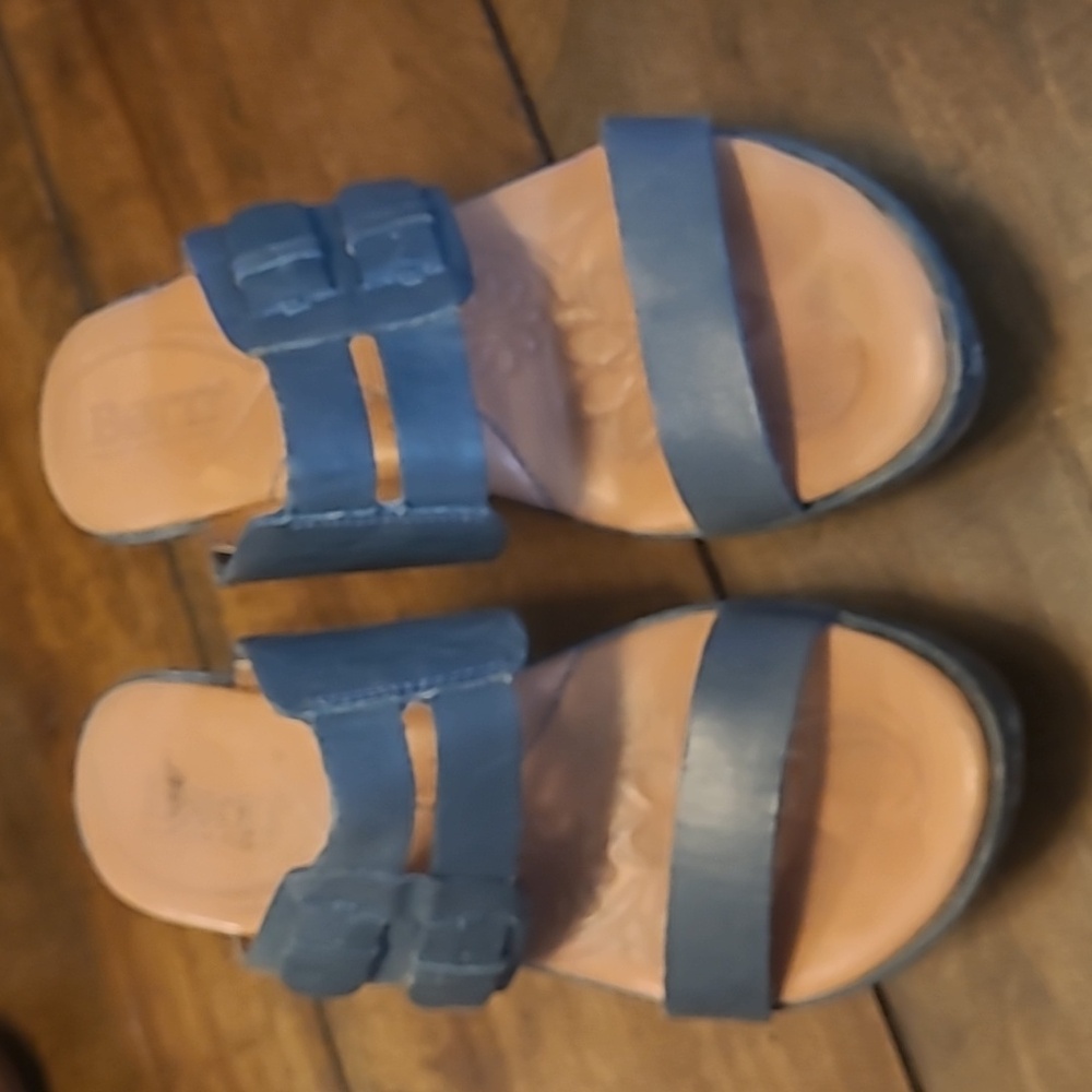 Born blue leather wedge platform slides